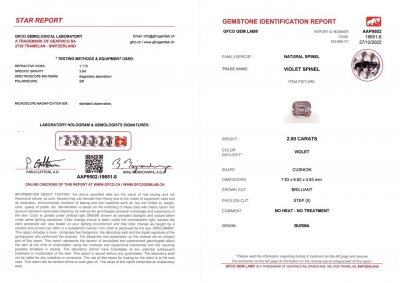 Certificate Cushion cut purple spinel 2.00 ct