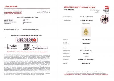 Certificate Unheated yellow pear-cut sapphire 0.60 carat, Madagascar