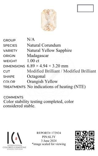 Unheated yellow sapphire radiant cut 1.00ct, Madagascar Image №6