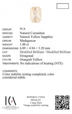 Certificate Unheated yellow sapphire radiant cut 1.00ct, Madagascar