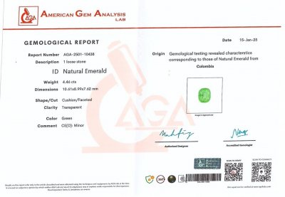 Certificate Colombian emerald in cushion cut 4.46 carats