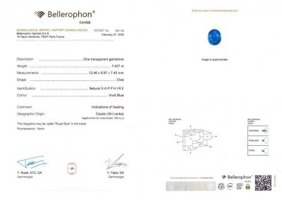 Certificate Royal Blue sapphire in oval cut 7.42 carats, Sri Lanka