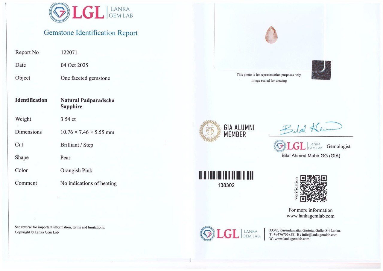 Unheated sapphire Padparadscha pear cut 3.54 carats, Sri Lanka Image №6
