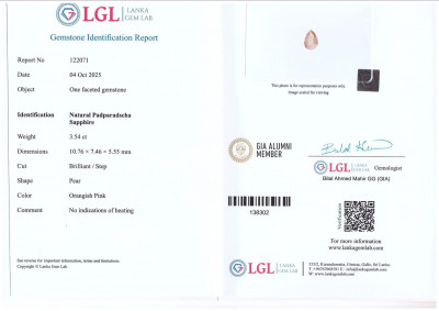 Certificate Unheated sapphire Padparadscha pear cut 3.54 carats, Sri Lanka