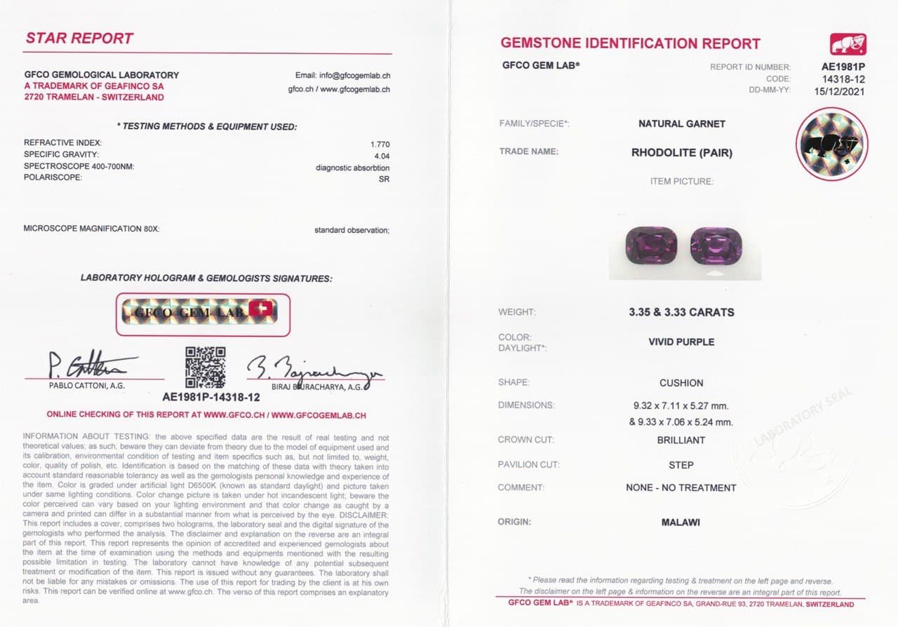 Pair of purple cushion cut garnets 6.68 ct, Malawi Image №2