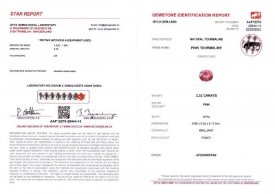 Certificate Bright pink oval cut tourmaline 2.32 ct, Afghanistan