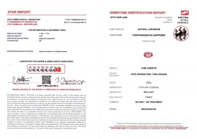 Certificate Unheated oval-cut Padparadscha sapphire 0.96 carats, Madagascar