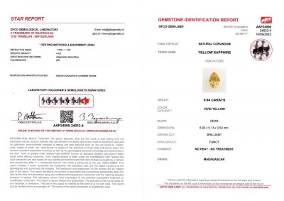 Certificate Yellow unheated pear-cut sapphire 0.84 carats, Madagascar