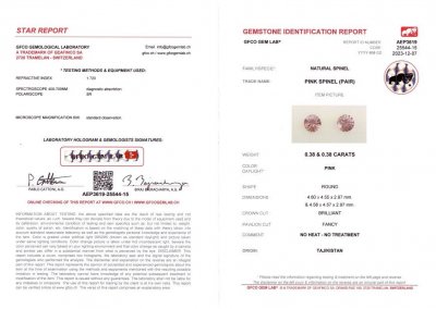 Certificate Pair of pink spinels in round cut 0.76 ct, Pamir