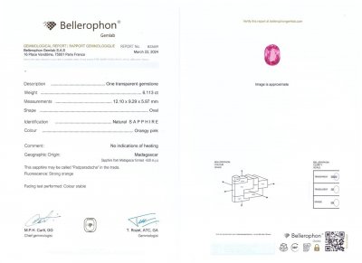 Certificate Unique unheated Padparadscha sapphire 6.11 carats in oval cut, Madagascar