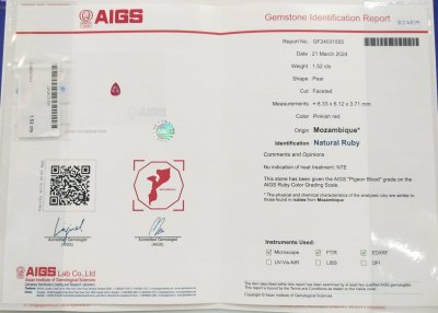 Certificate Unheated Pigeon Blood ruby in pear cut 1.52 carats, Mozambique
