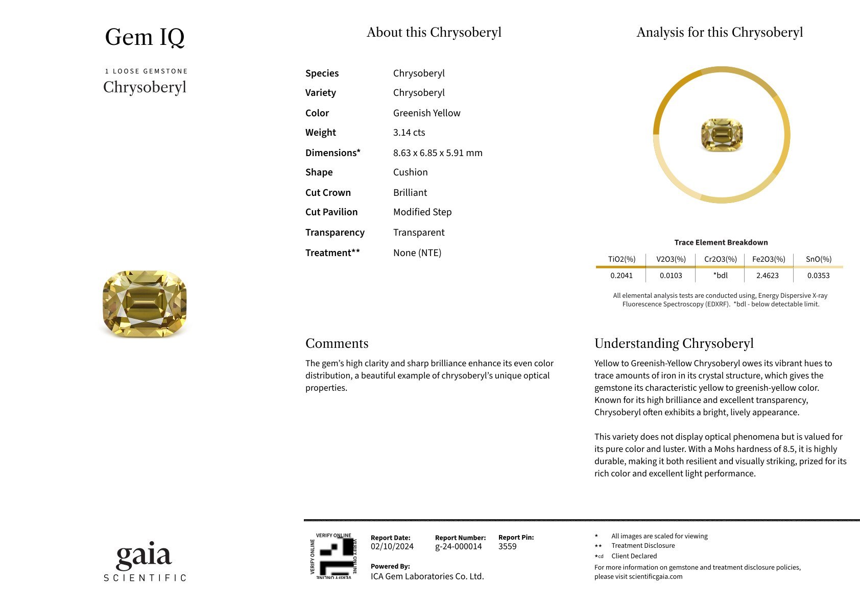 Chrysoberyl in cushion cut 3.14 carats, Sri Lanka Image №6