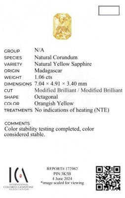 Certificate Unheated yellow sapphire radiant cut 1.06ct, Madagascar