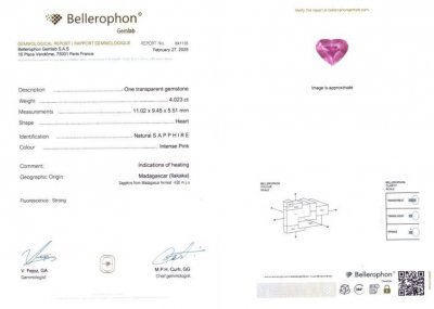 Certificate Pink sapphire heart shape 4.02 carats, Madagascar