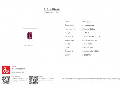 Certificate Spinel Mahenge Vibrant pink red cushion cut 4.37 carats, Tanzania