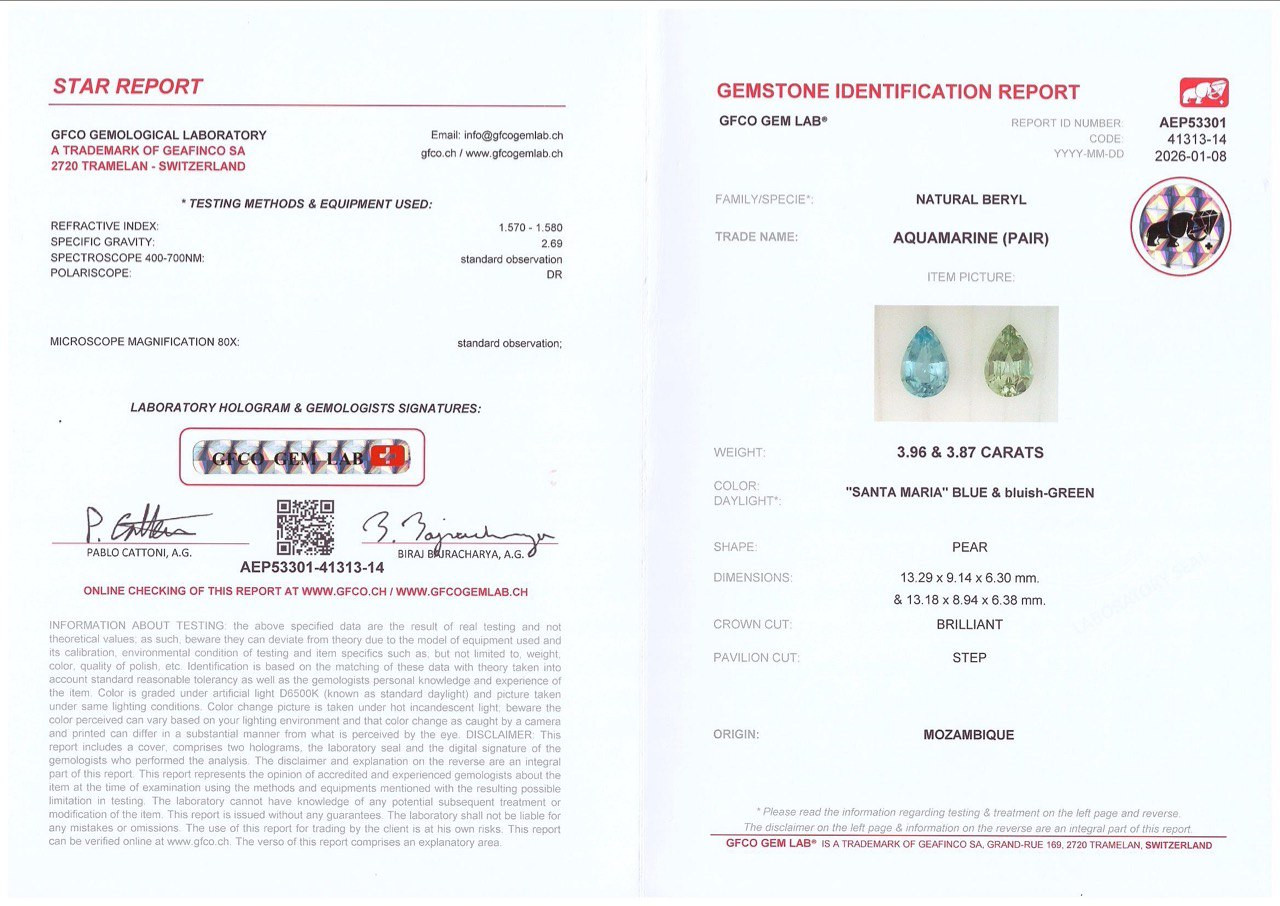 Pair of contrasting aquamarines pear cut 7.83 carats, Mozambique Image №5