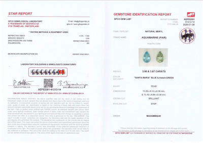 Certificate Pair of contrasting aquamarines pear cut 7.83 carats, Mozambique