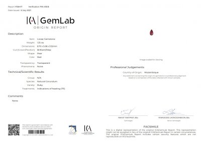 Certificate Ruby cut pear Mozambique 1.35 carats