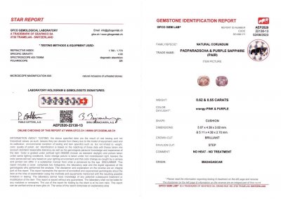 Certificate Pair of unheated orange and violet cushion cut sapphires 1.17 ct, Madagascar
