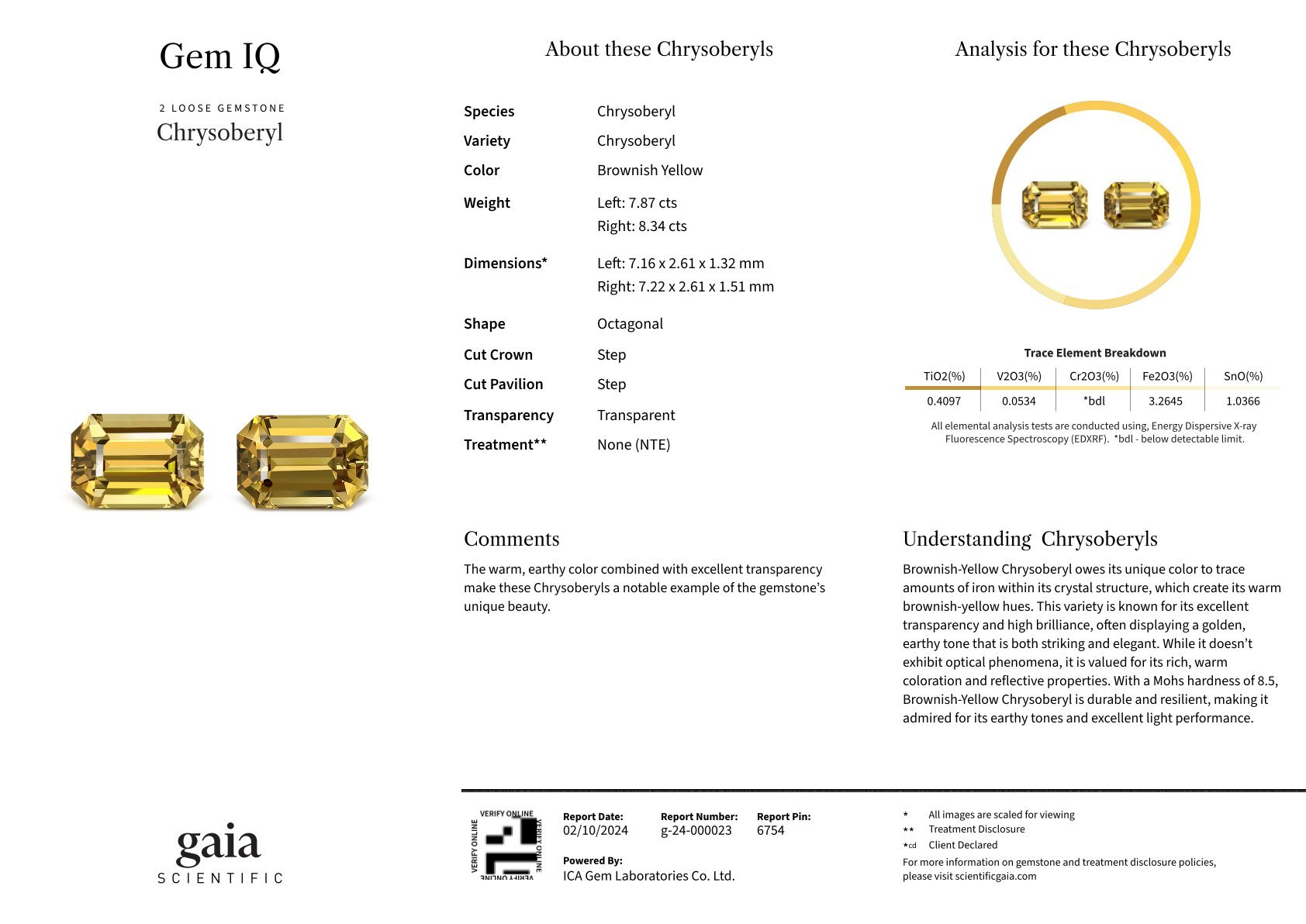Pair of octagon cut chrysoberyls 16.21 carats, Sri Lanka Image №5