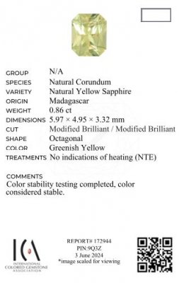 Certificate Unheated yellow sapphire radiant cut 0.86ct, Madagascar