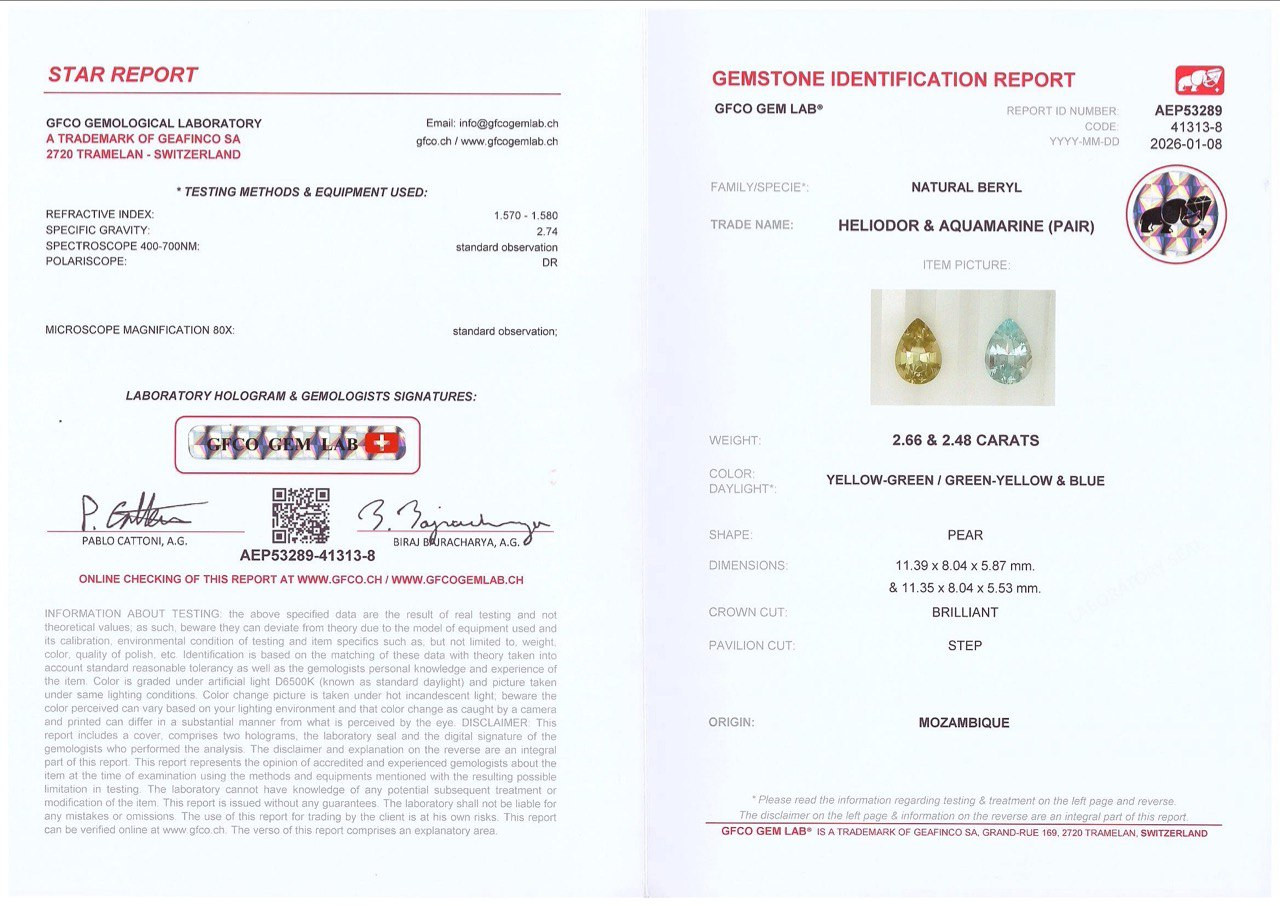 Contrasting pair of aquamarine and heliodor pear cut 5.14 carats, Mozambique Image №5