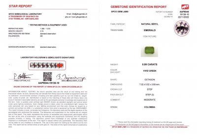 Certificate Colombian emerald of intense color 0.99 ct