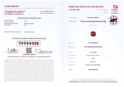 Certificate Bright orange-red octagon cut garnet 4.30 ct, Madagascar