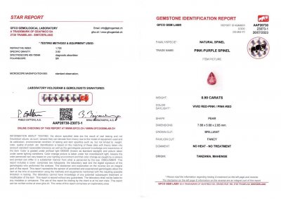 Certificate Hot pink Mahenge spinel 0.90 ct in pear shape, Tanzania