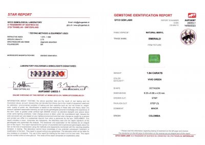 Certificate Colombian emerald 1.84 ct in octagon cut, Vivid Green