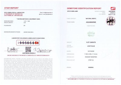 Certificate Octagon cut aquamarine 5.27 carats, Nigeria