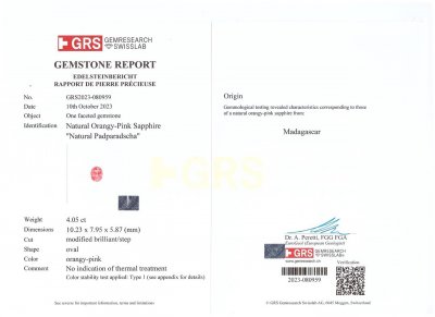 Certificate Super rare untreated Padparadscha sapphire in oval cut 4.05 ct, Madagascar, GRS Type I