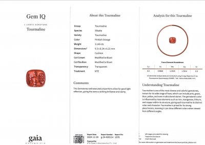 Certificate Pink-orange cushion cut tourmaline 3.15 carats, Africa