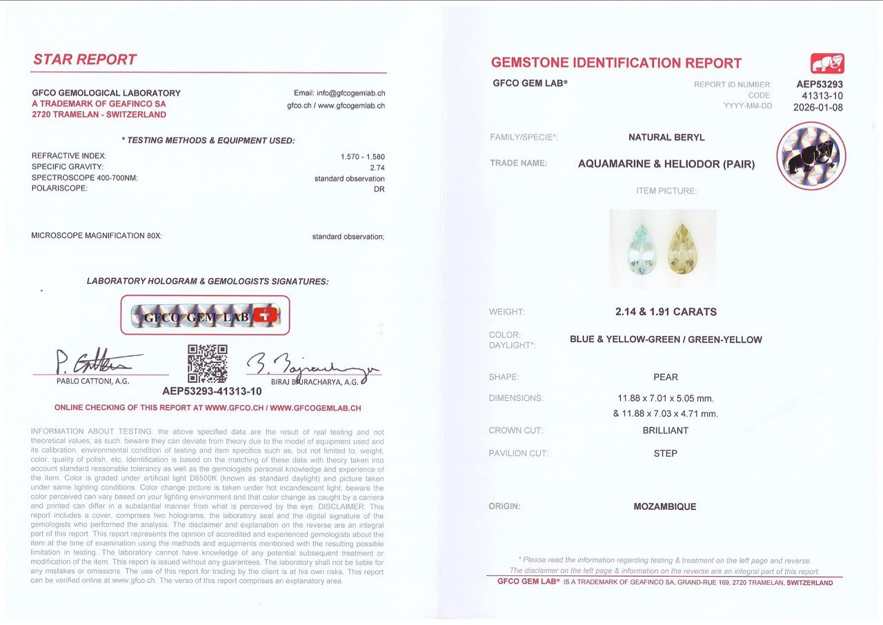 Contrasting pair of aquamarine and heliodor pear cut 4.05 carats, Mozambique Image №5