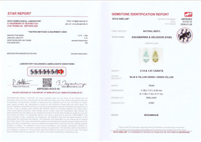 Certificate Contrasting pair of aquamarine and heliodor pear cut 4.05 carats, Mozambique