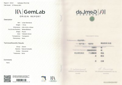 Certificate Ural demantoid 1.18 ct