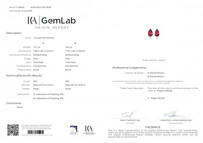 Certificate Pair of Pigeon blood pear cut rubies 2.04 ct, Mozambique