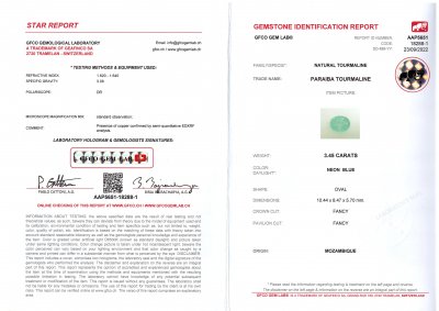 Certificate Paraiba sugar blue tourmaline oval cut 3.45 ct, Mozambique