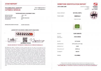 Certificate Vivid Green emerald octagon shape 0.89 ct Colombia