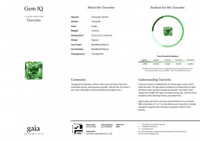 Certificate Intense green tsavorite garnet in radiant cut 1.64 carats, Tanzania