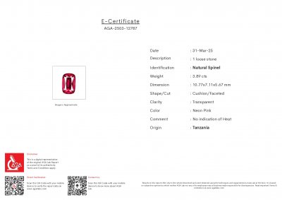 Certificate Spinel Mahenge Vibrant pink red cushion cut 3.89 carats, Tanzania