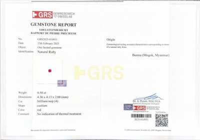 Certificate Unheated red ruby in cushion cut 0.50 carats, Burma (Mogok)