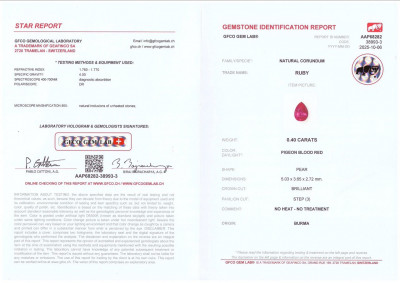 Certificate Unheated ruby Pigeons Blood pear cut 0.40 carats, Burma 