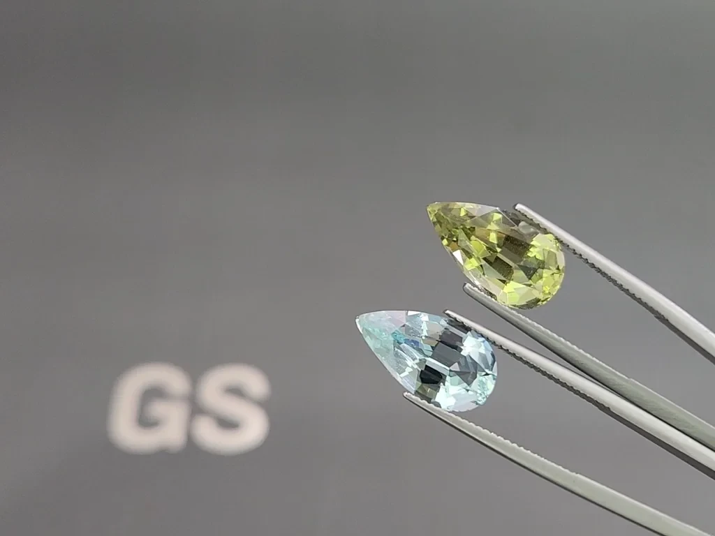 Contrasting pair of aquamarine and heliodor pear cut 10.10 carats, Mozambique Image №3