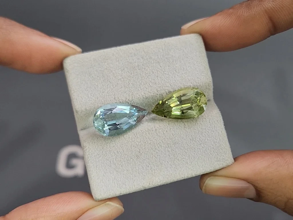 Contrasting pair of aquamarine and heliodor pear cut 10.10 carats, Mozambique Image №4