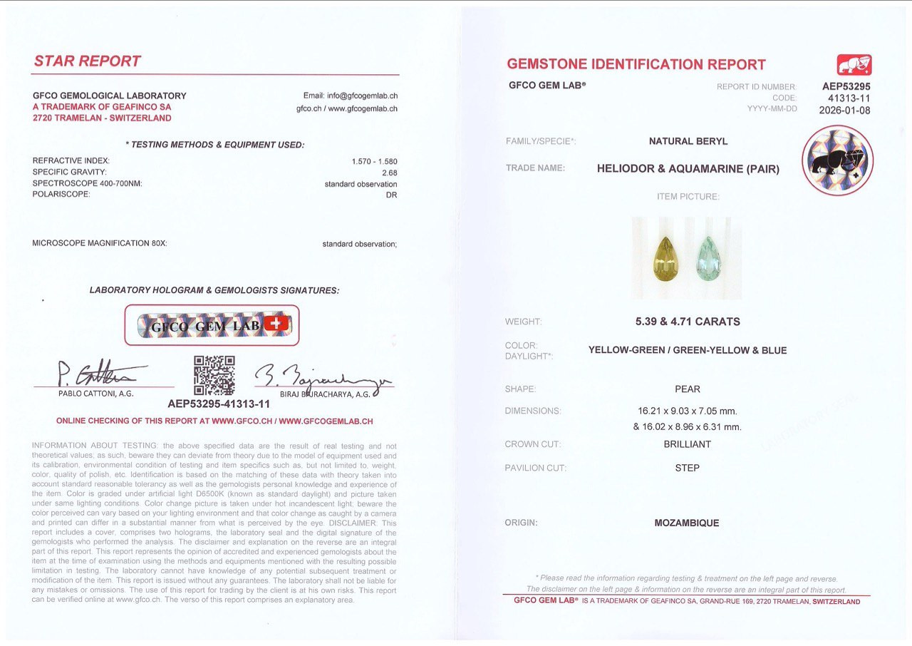 Contrasting pair of aquamarine and heliodor pear cut 10.10 carats, Mozambique Image №5