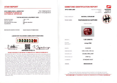 Certificate Sapphire Padparadscha cushion cut 1.55 carats, Madagascar