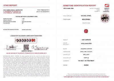 Certificate Cushion cut red spinel 0.97 ct, Burma
