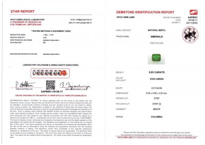 Certificate Intense emerald from Colombia 0.93 ct, Vivid Green