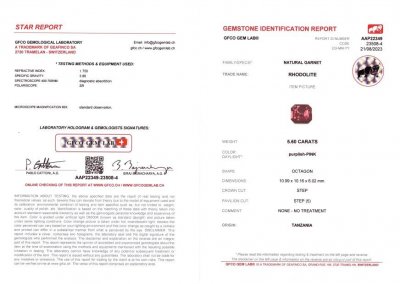 Certificate Purplish-pink rhodolite garnet in octagon cut 5.60 ct, Tanzania